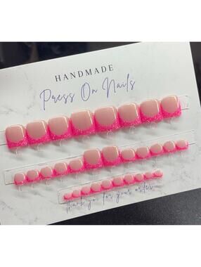 Toe press on nails pink French tip glitter nude custom handmade gel